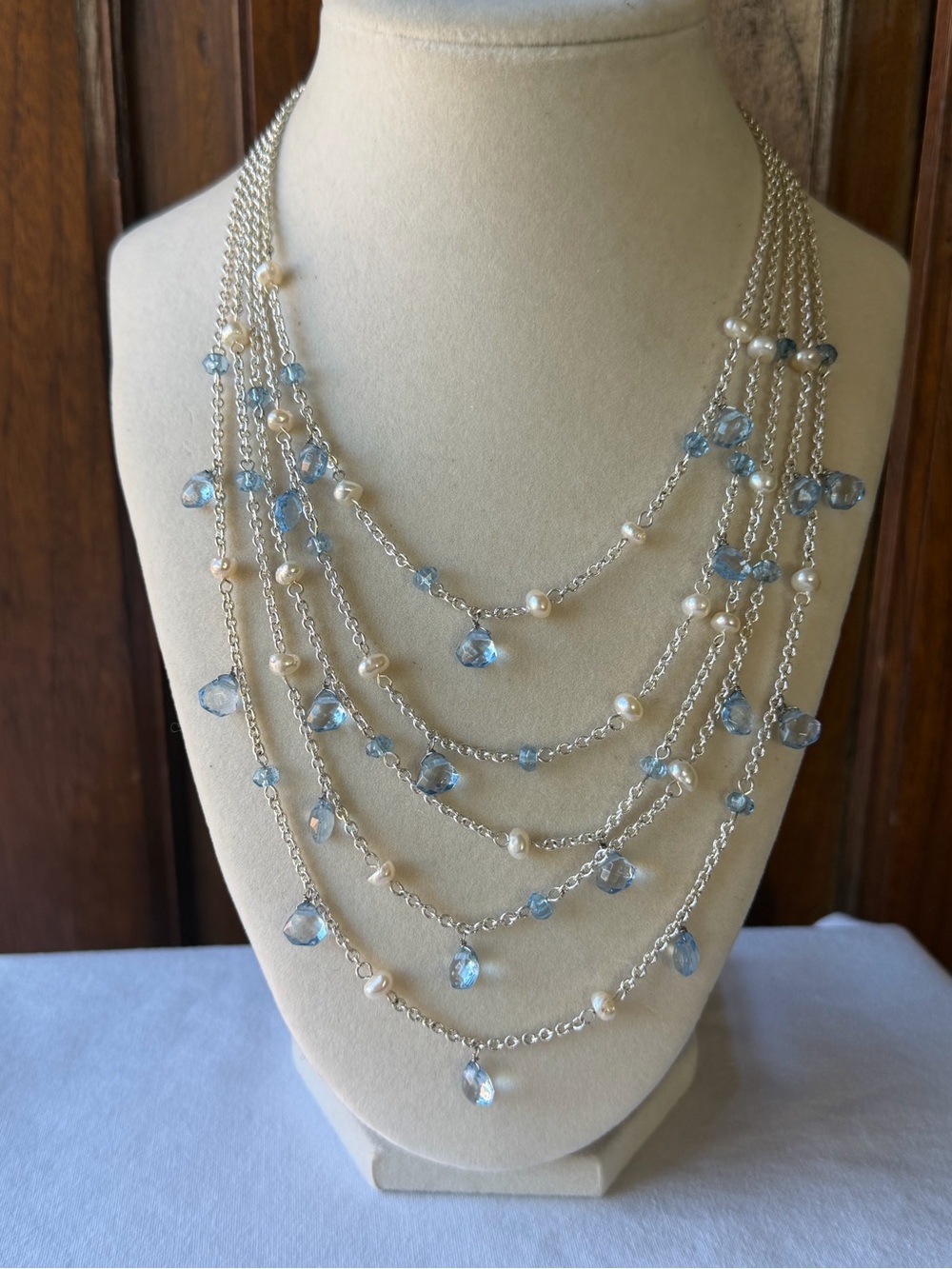 Silver Tone Multi Strand Blue Glass & Pearl Bead Statement Necklace